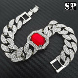 White Gold PT Red Ruby 15mm 8.5" Miami Cuban CZ Full Iced Out Rapper Bracelet