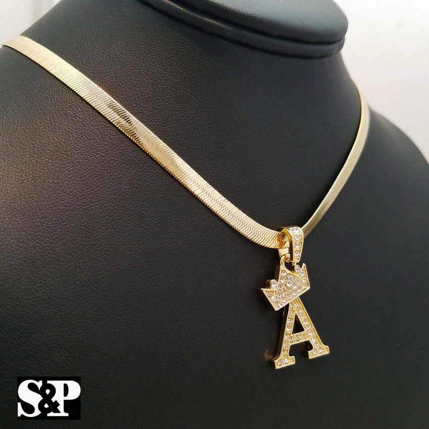 Unisex Hip Hop Iced Initial A Pendant w/ 5mm 20" Herringbone Chain Necklace