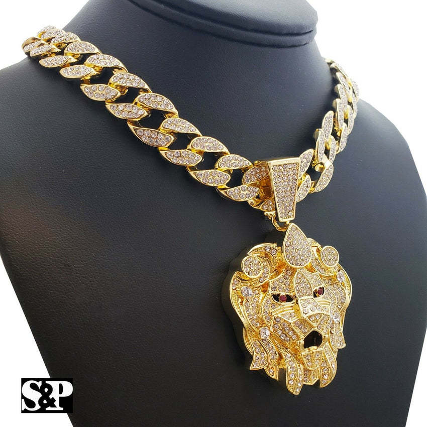 Hip Hop Lion Head Gold PT pendant & 18" Full Iced Cuban Choker Chain Necklace