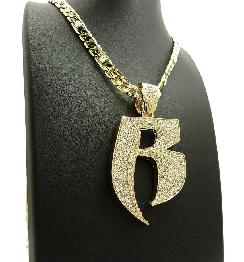 Iced Out Hip Hop RUFF RIDERS R Pendant & 7mm 30" Lab Diamonds Figaro Chain Necklace