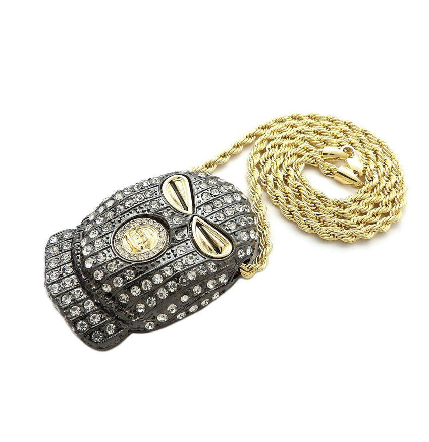 HIP HOP ICED OUT GOLD PT MASKED GOON PENDANT & 4mm 24" ROPE CHAIN NECKLACE