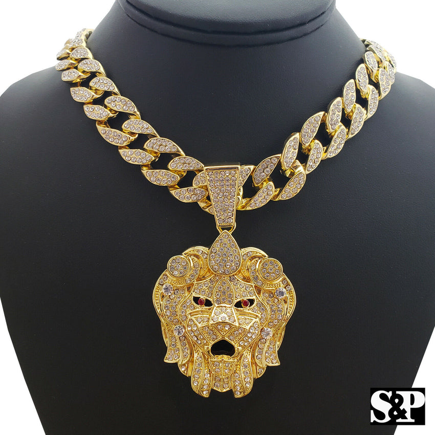 Hip Hop Lion Head Gold PT pendant & 18" Full Iced Cuban Choker Chain Necklace