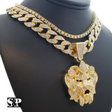 Hip Hop Bling LION HEAD w/ 18" Full Iced Cuban & 1 ROW DIAMOND Choker Chain Necklace Set