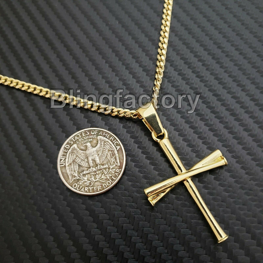 Unisex Fashion Baseball Team Triple Bat Cross Pendant & 24" Cuban Chain Necklace
