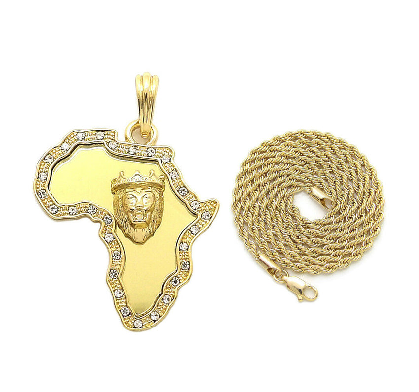 Iced Out Africa Lion King Pendant & 24" Box, Cuban, Rope Chain Hip Hop Necklace