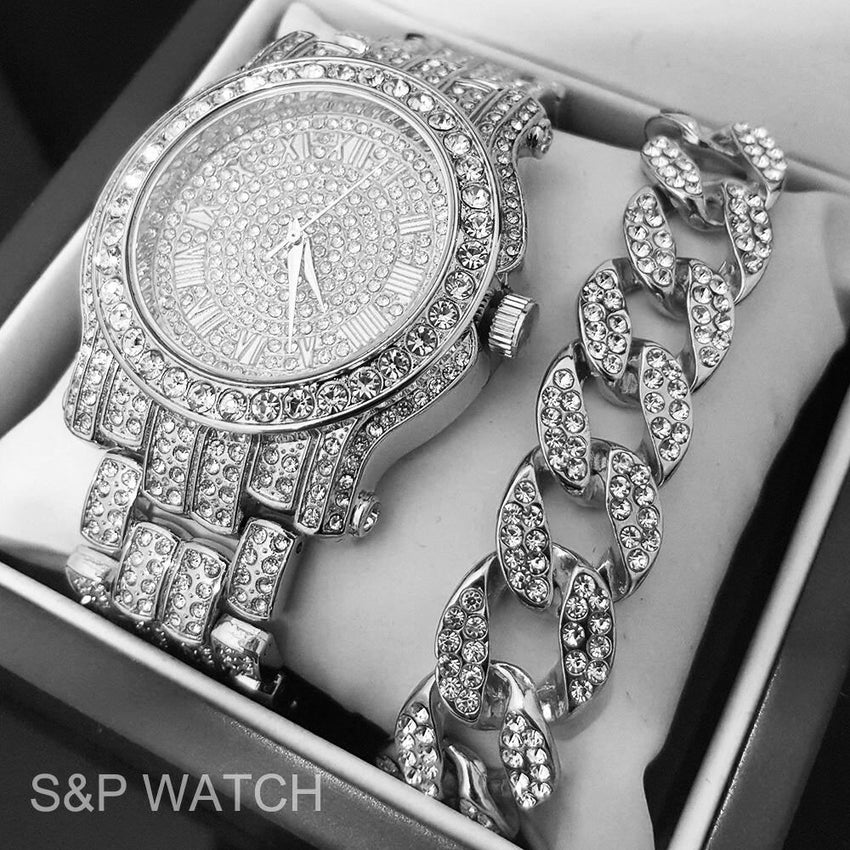 Men's Hip Hop Iced Out Lab Diamond Watch & Cuban Bracelet & Angel Necklace Set