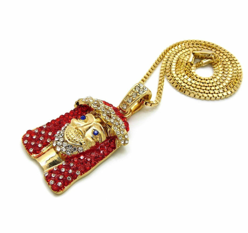 ICED OUT Lil Yachty RED JESUS FACE SMALL PENDANT & 24" CHAIN HIP HOP NECKLACE
