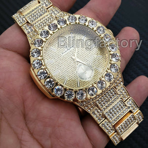 Men's Luxury Hip Hop Gold finished Rapper's Bling Metal Band Big CZ Bezel Watch