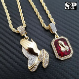 Hip Hop Praying Hands & Red Ruby Praying Hands Pendant w/ Rope Chain 2 Necklaces