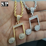 Unisex Iced out Fashion Music Note Pendant & 24" Rope Chain Necklace