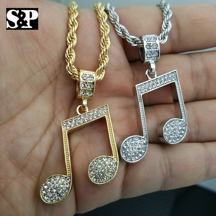Unisex Iced out Fashion Music Note Pendant & 24" Rope Chain Necklace