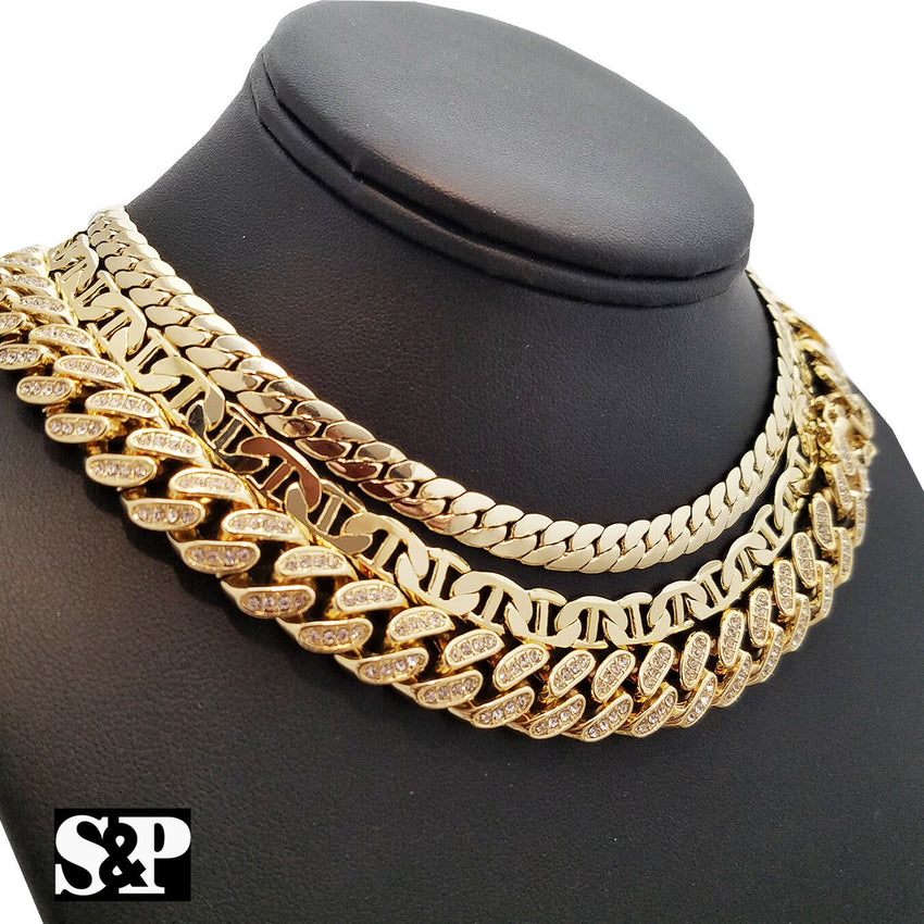 Hip Hop Gold PT 20" Full Iced Cuban & Miami Cuban & Marina Chain Necklace Set