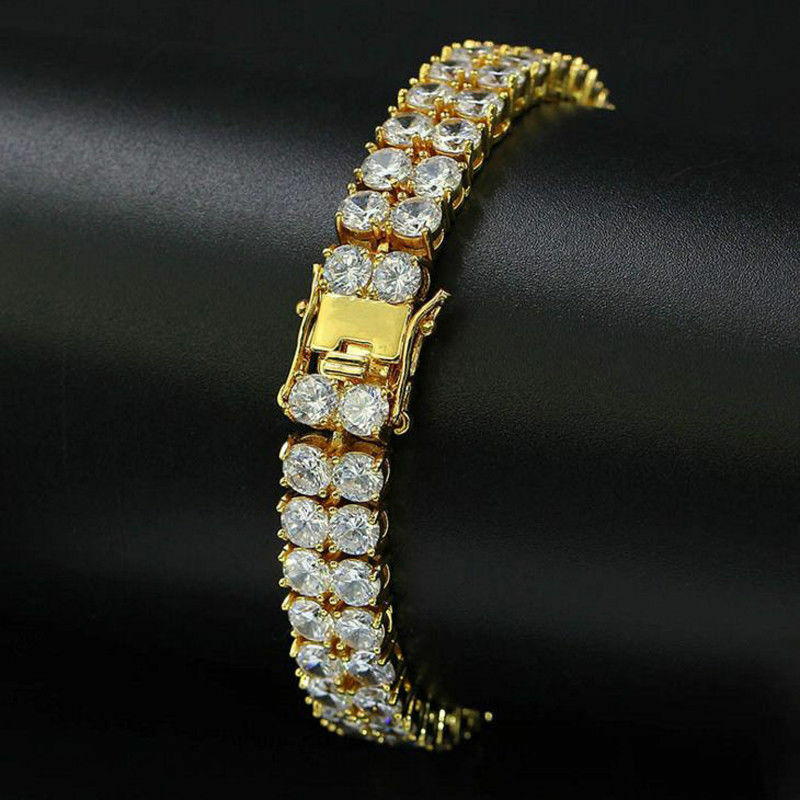 Men's Gold Plated 2 Row Link Iced Out Brass Lab Diamond Hip Hop Bracelet 8" Inch