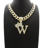 Hip Hop Crowned Alphabet Initial Pendant & 11mm 18" Cuban Choker Chain Necklace