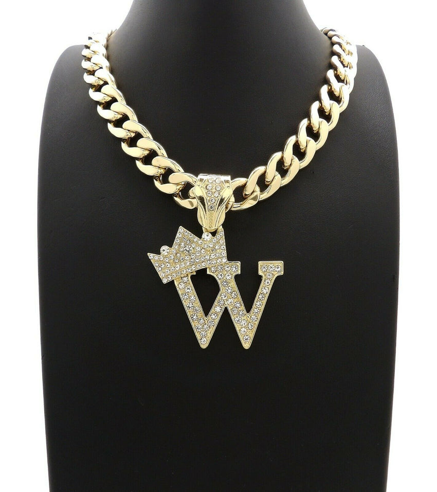 Hip Hop Crowned Alphabet Initial Pendant & 11mm 18" Cuban Choker Chain Necklace