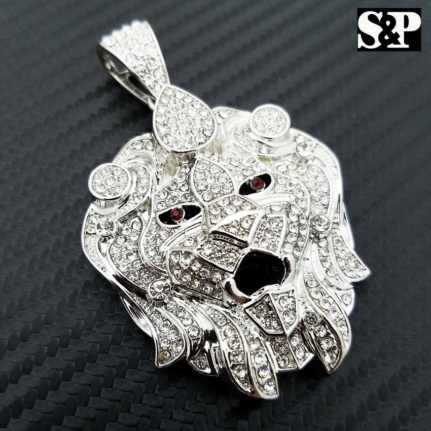 Silver PT Big Lion Head Pendant & 10mm 30" Cuban Heavy Chain Hip Hop Necklace