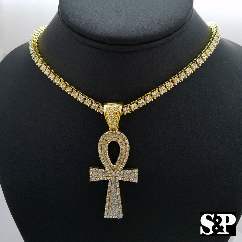 Hip Hop Ankh Cross Pendant & 18" Full Iced 1 ROW DIAMOND Tennis Choker Chain Necklace