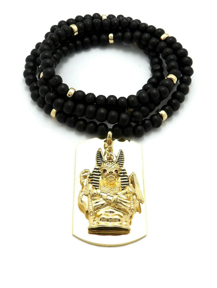 Hip Hop Iced Egyptian Anubis & Dog Tag Pendant w/ 6mm 30" Wooden Bead Necklace