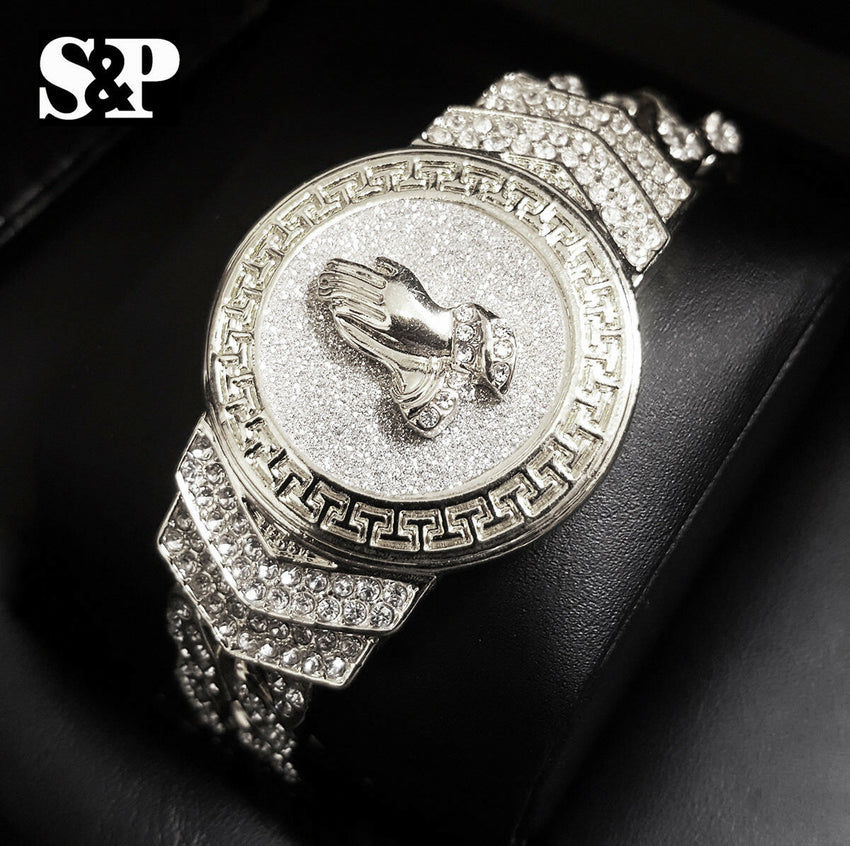 Hip Hop White Gold Plated 8.5" CZ Full Iced Out Praying Hands Cuban Bracelet