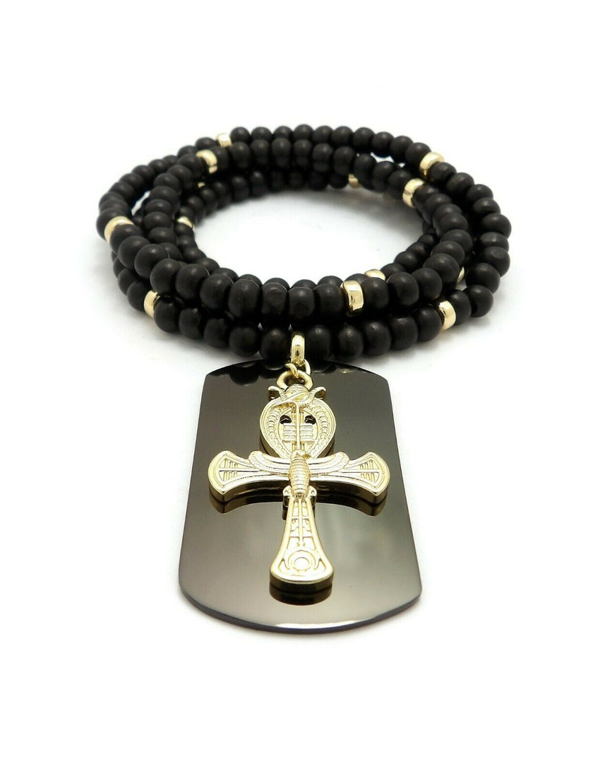 Hip Hop Egyptian Ankh Cross & Dog Tag Pendant & 6mm 30" Wooden Bead Necklace