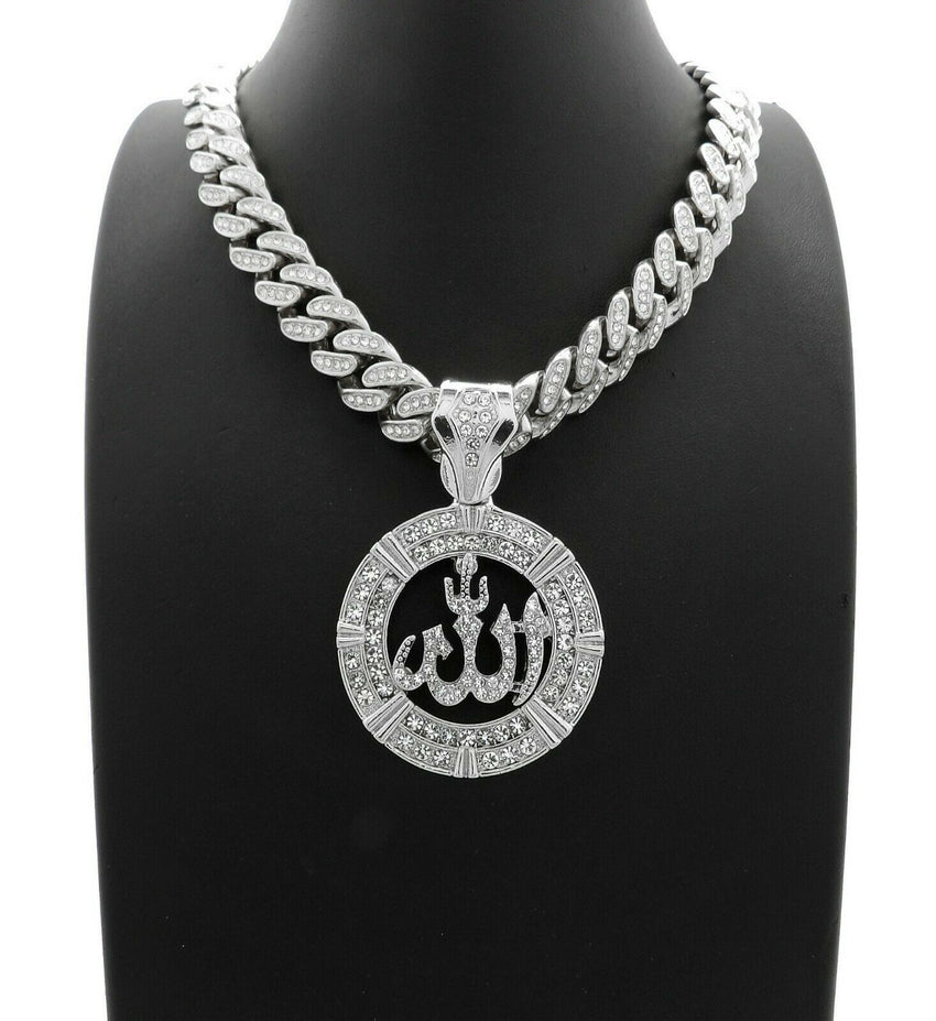 Hip Hop Allah Pendant & 12mm 18" Full Iced out Cuban Link Choker Chain Necklace