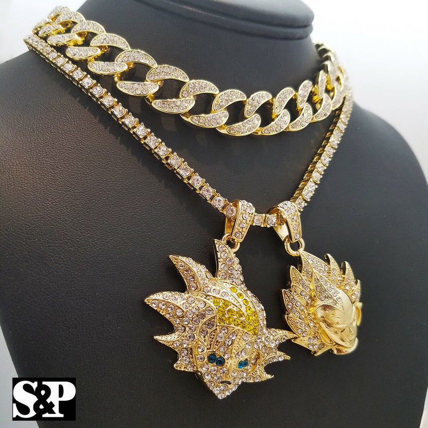 SON GOKU, VEGETA pendant w/ 18" Full Iced Cuban & 1 ROW DIAMOND Choker Chain Set