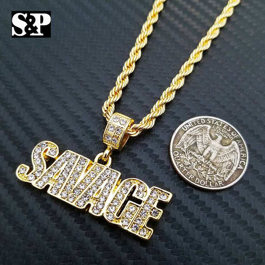 Men's Hip Hop Gold PT SAVAGE 21 Pendant w/ 4mm 24" Rope Chain 2 Necklace set