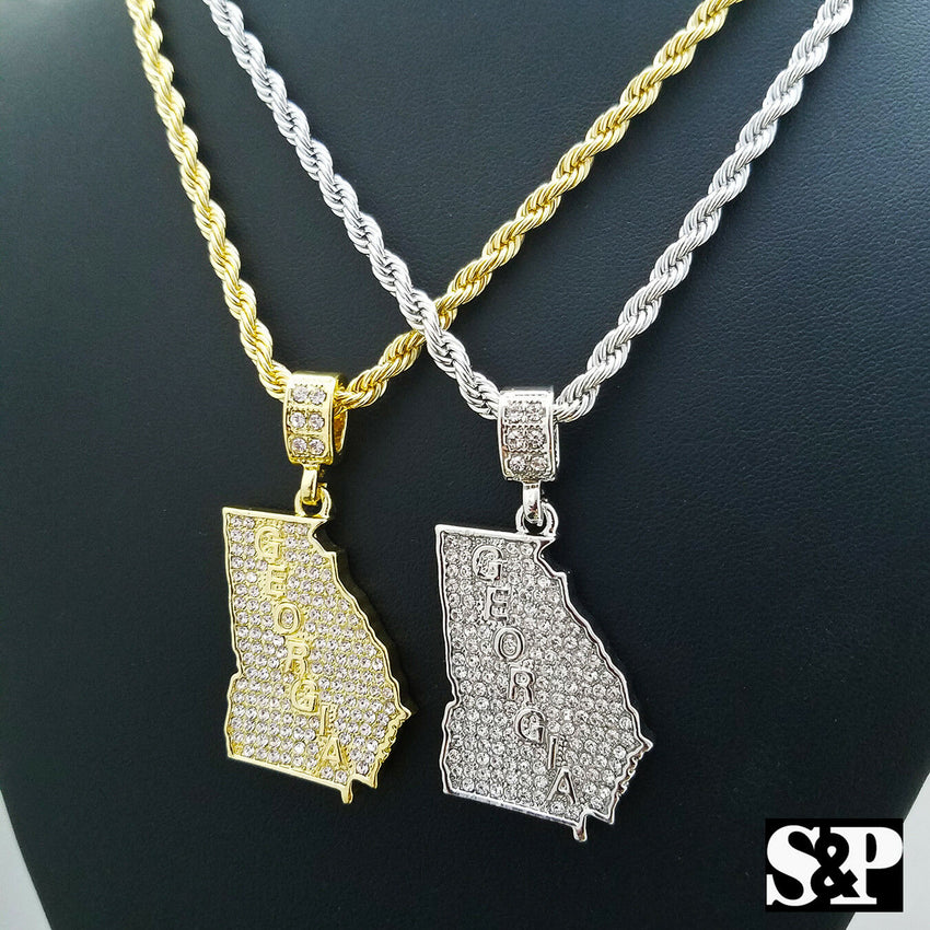 Iced out Fashion GEORGIA STATE Lab Diamond Pendant w/ 24" Rope Chain Necklace