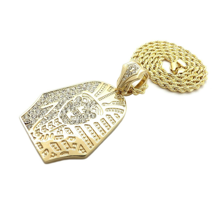 HIP HOP ICED OUT GOLD PT EGYPTIAN PHARAOH PENDANT & 4mm 24" ROPE CHAIN NECKLACE