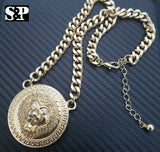 Hip Hop Gold Plated Lion Necklace & 18" Full Iced Cuban Choker Chain Necklace set