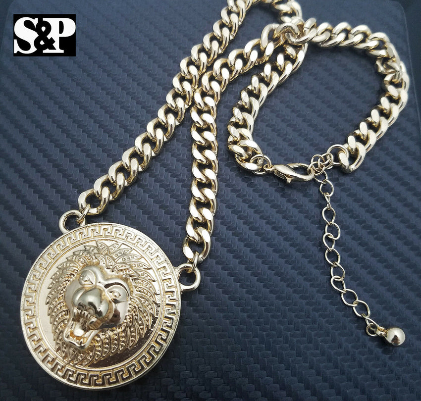 Hip Hop Gold Plated Lion Necklace & 18" Full Iced Cuban Choker Chain Necklace set