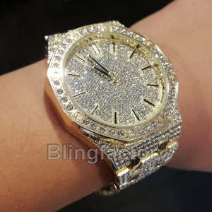 Men's Luxury Designer Style Bling Gold Plated Simulated Diamond Bracelet Watch