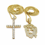 Iced Out Jesus face & Cross Pendant w/ 24",30" Box Chain Hip Hop 2 Necklace Set