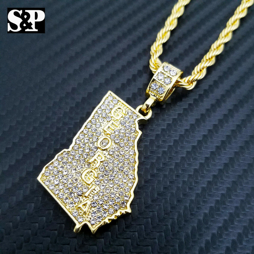 Iced out Fashion GEORGIA STATE Lab Diamond Pendant w/ 24" Rope Chain Necklace