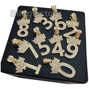 Iced out Fashion 14K Gold plated Lab Diamond 0 ~ 9 Crowned Number Pendant Charm