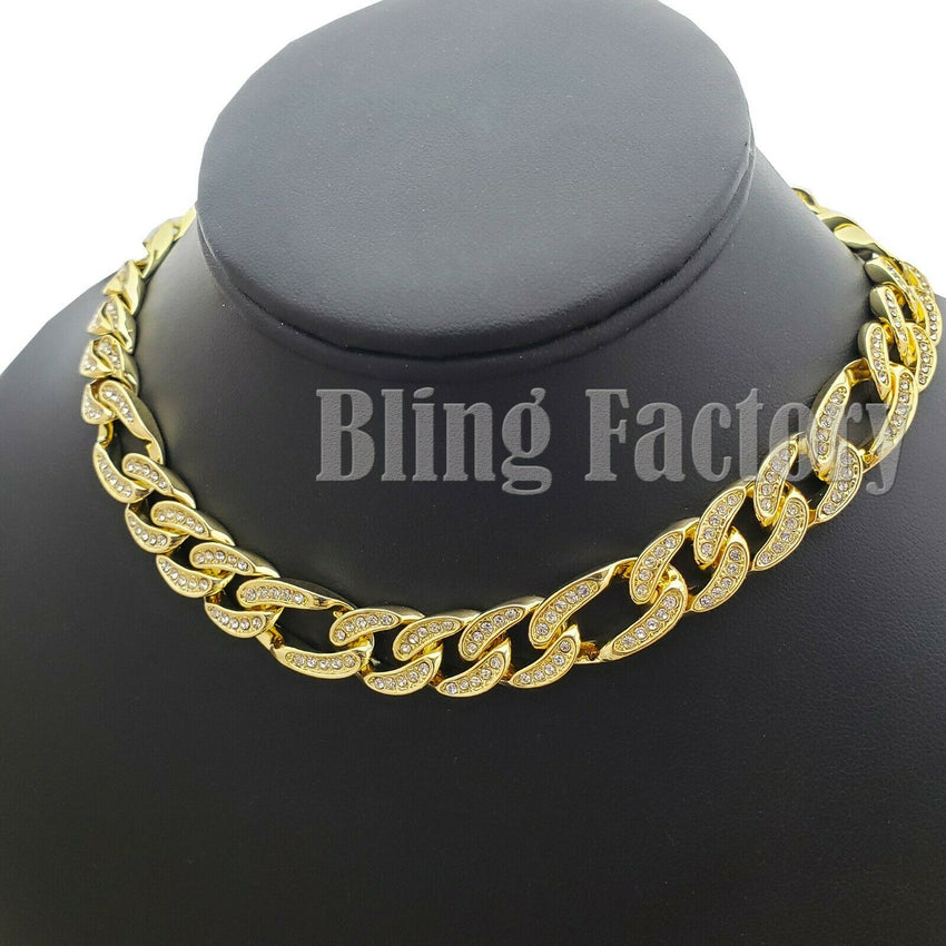 Hip Hop Men Quavo Rapper Gold PT Iced Out 12mm 18" Figaro Choker Chain Necklace