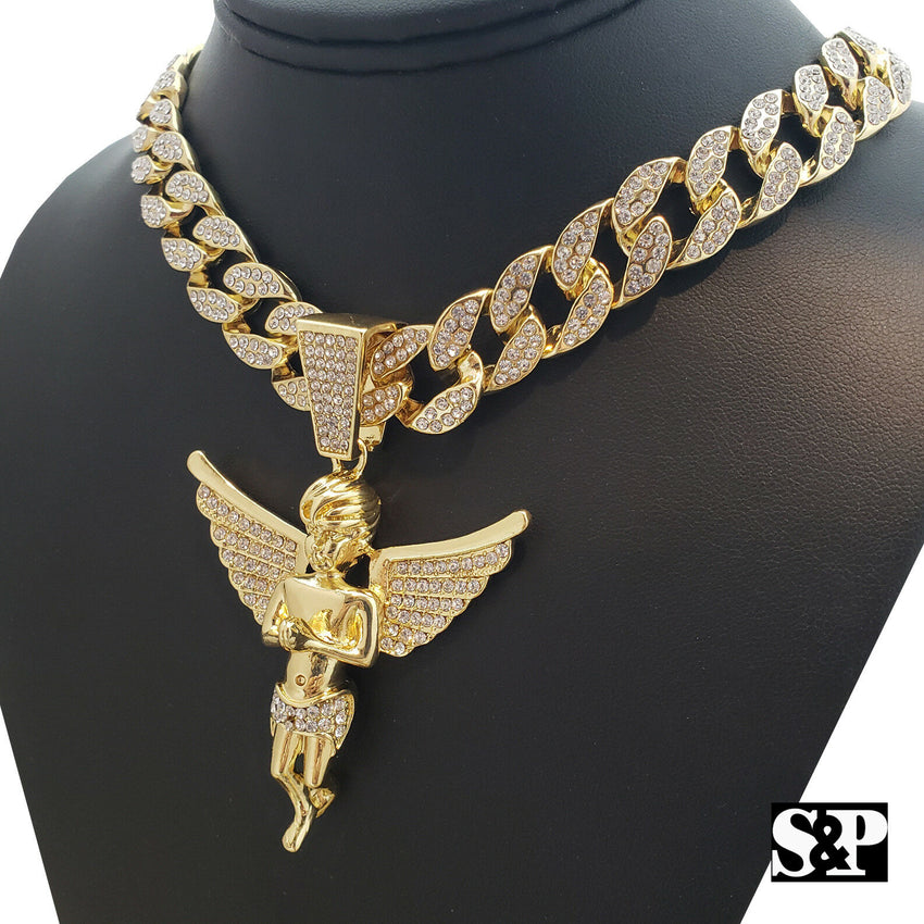 Hip Hop Bling Gold PT Baby Angel Pendant & 18" Full Iced Cuban Choker Chain Necklace