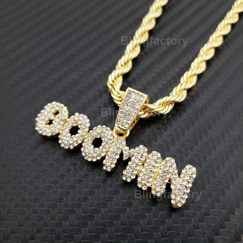 Hip Hop Iced out Bubbled Letter BOOMIN Pendant & 5mm 24" Rope Chain Necklace