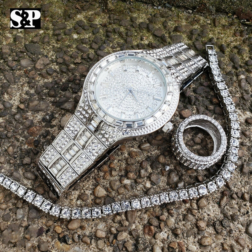 MEN HIP HOP ICED OUT QUAVO BLING WATCH & RING & TENNIS CHAIN BRACELET COMBO SET