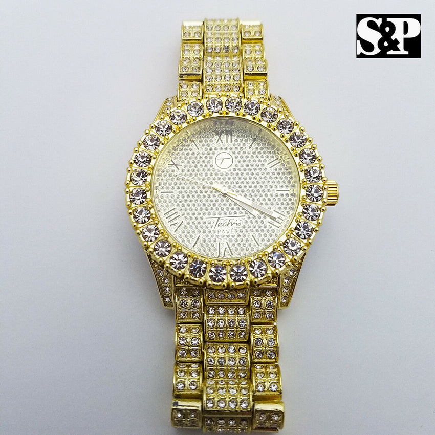 MEN'S ICED OUT HIP HOP GOLD PT WATCH & GUCCI LINK CHAIN BRACELET COMBO SET