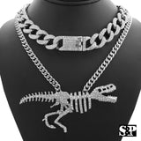 Hip Hop T-REX Skeleton Necklace & 18" Full Iced Cuban Choker Chain Necklace Set