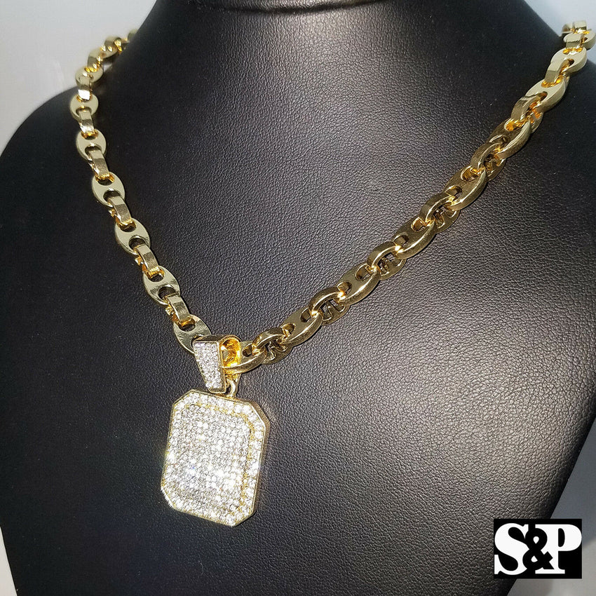 Hip Hop Iced out Bling Lab Diamond Square Pendant & 8mm 24" Gucci Chain Necklace