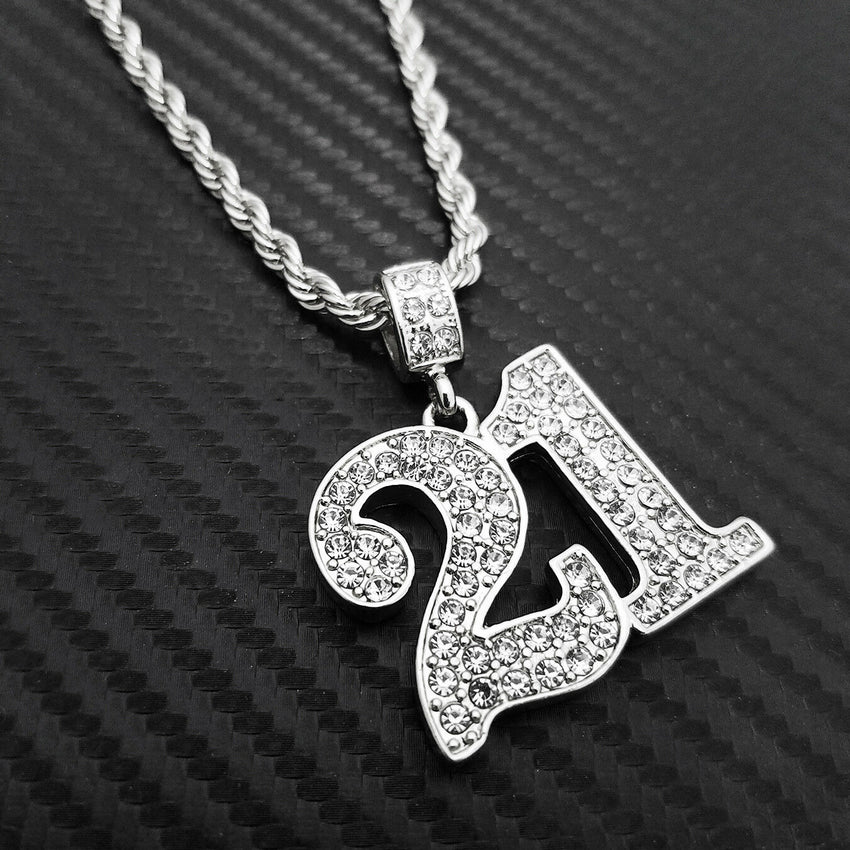 Hip Hop Iced Out Lab Diamond Savage 21 Pendant & 24" Rope Chain Necklace