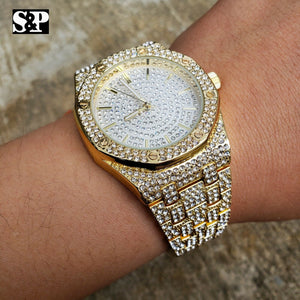 Men's Gold Plated Iced out Luxury Migos Rapper's Metal Band Dress Clubbing Watch