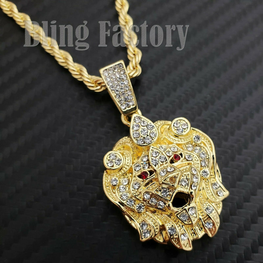 Iced out Hip Hop Mini Lion Head Charm Pendant & 4mm 24" Rope Chain Necklace