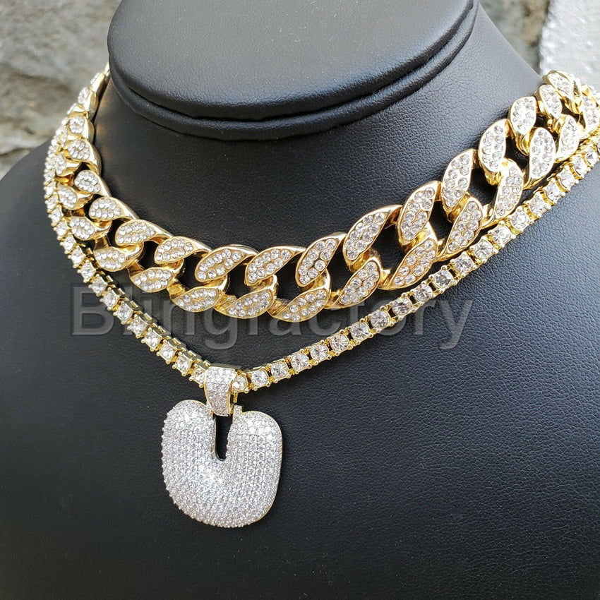 Hip Hop Bubble Letter "U" & 18" Full Iced Cuban & 1 Row Tennis Choker Chain Necklace Set