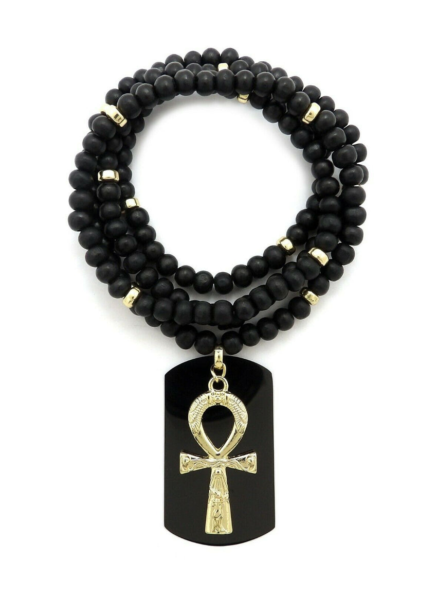 Hip Hop Egyptian Ankh Cross & Dog Tag Pendant & 6mm 30" Wooden Bead Necklace