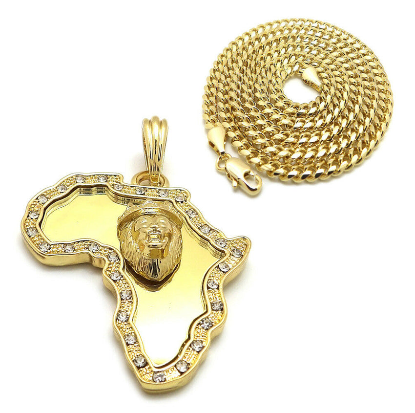 Iced Out Africa Lion King Pendant & 24" Box, Cuban, Rope Chain Hip Hop Necklace