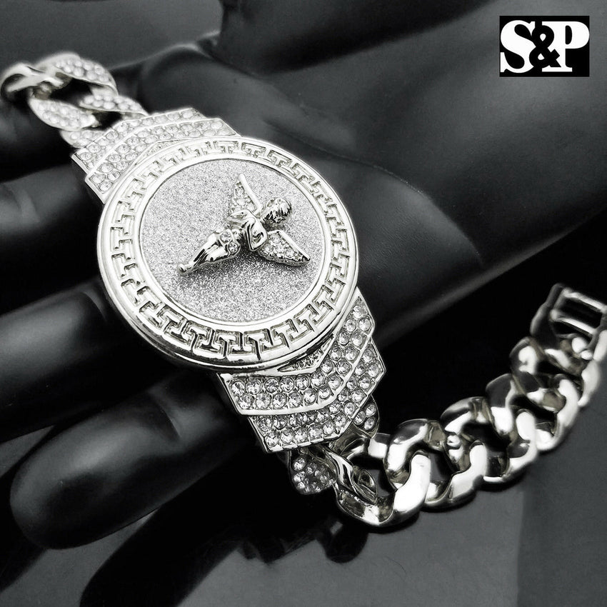 New Hip Hop White Gold Plated 8.5" CZ Full Iced Out Baby Angel Cuban Bracelet