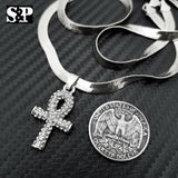 Unisex Hip Hop Iced Ankh Pendant, 5mm 20" Herringbone Choker Chain Necklace